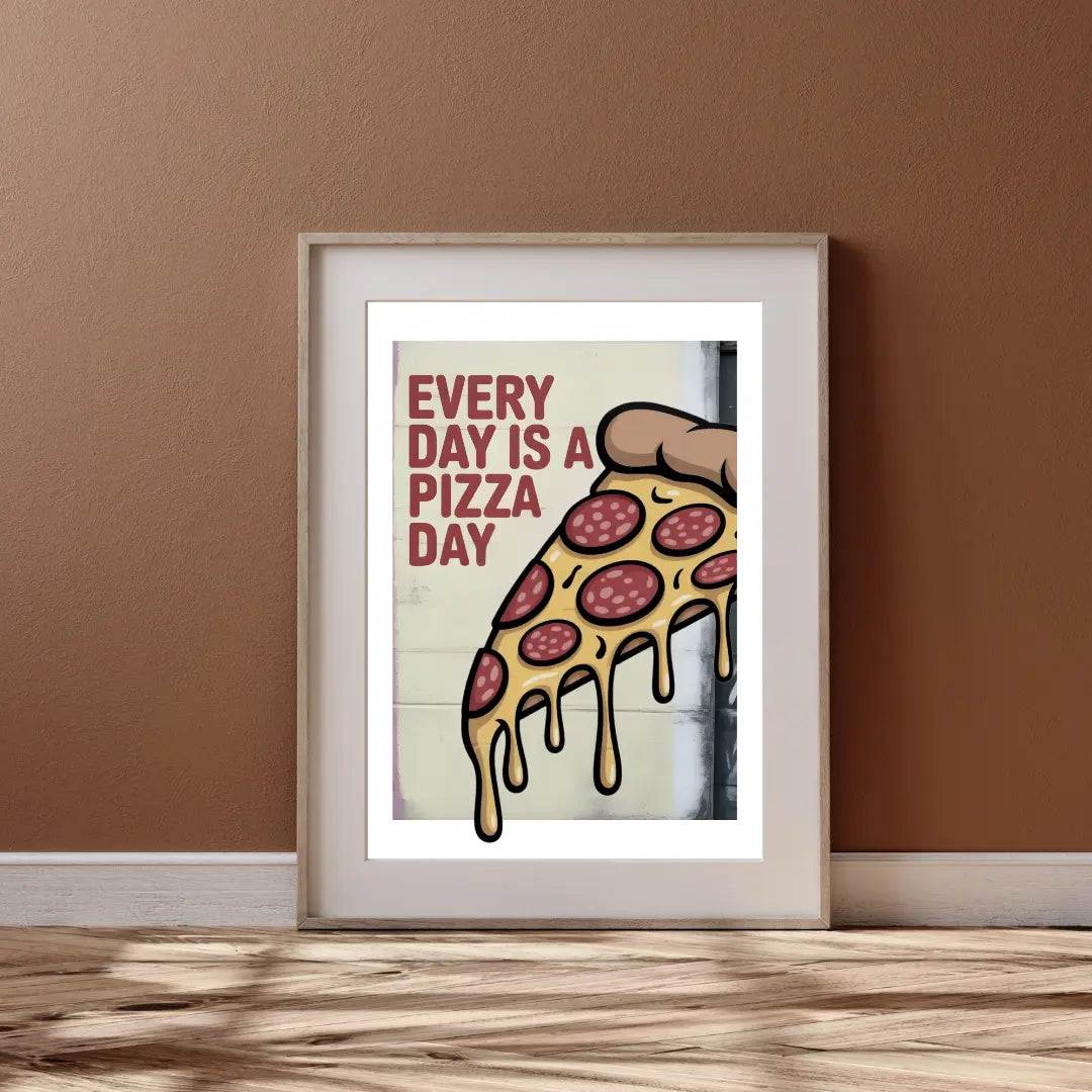 ForWalls.eu - Plakat Every Day is a Pizza Day - Framed poster with melting pepperoni pizza slice and bold red text "EVERY DAY IS A PIZZA DAY" on cream background. - jedzenie, plakat