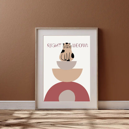 ForWalls.eu - Plakat Right Meow! - Minimalist poster with a tan and black cat sitting on stacked beige and muted red geometric shapes, text "Right Meow!". - humor, plakat