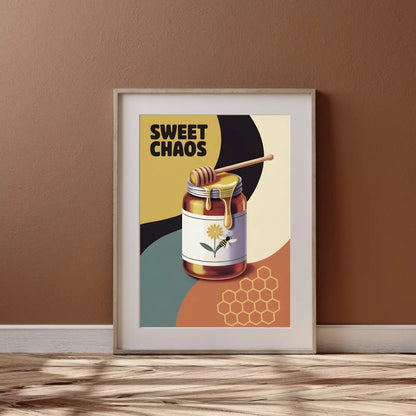 ForWalls.eu - Plakat Sweet Chaos - Framed poster with a honey jar, wooden dipper, honeycomb pattern, bold "Sweet Chaos" text on colorful abstract shapes. - jedzenie, plakat, typografia