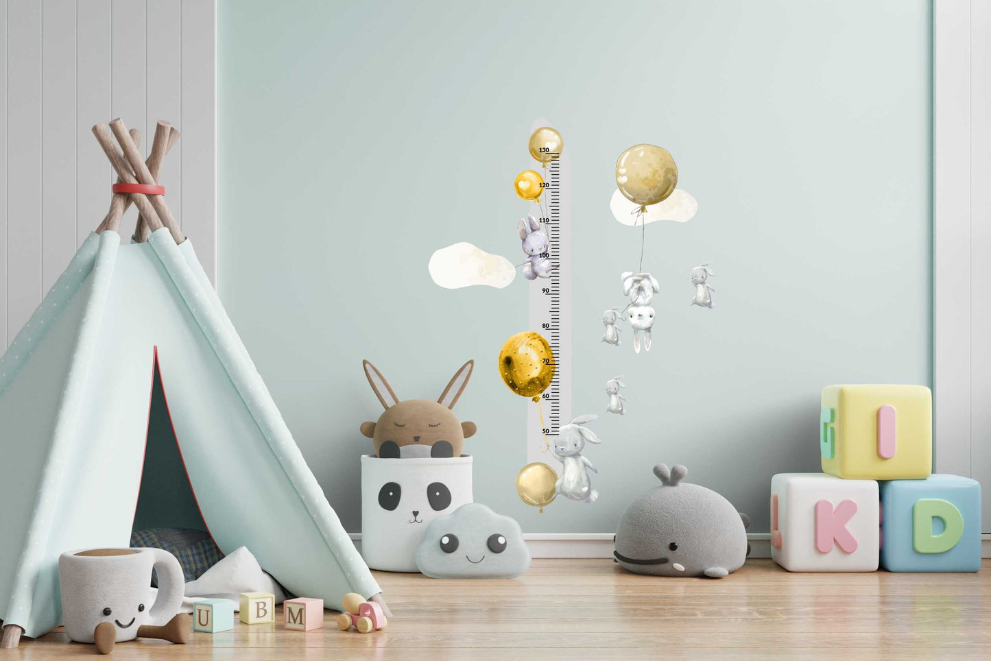 Miarka wzrostu dla dzieci króliczki i żółte balony Kolorowa naklejka 45x120  ForWalls.eu