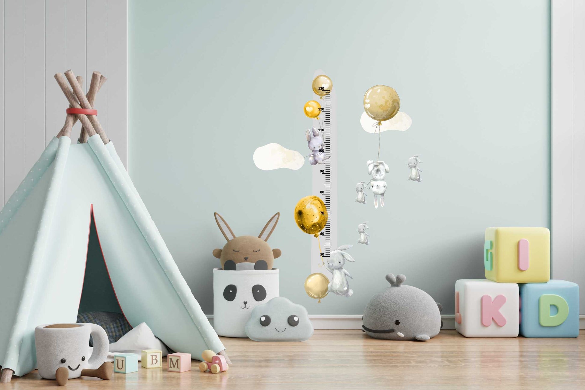 Miarka wzrostu dla dzieci króliczki i żółte balony Kolorowa naklejka 45x120  ForWalls.eu