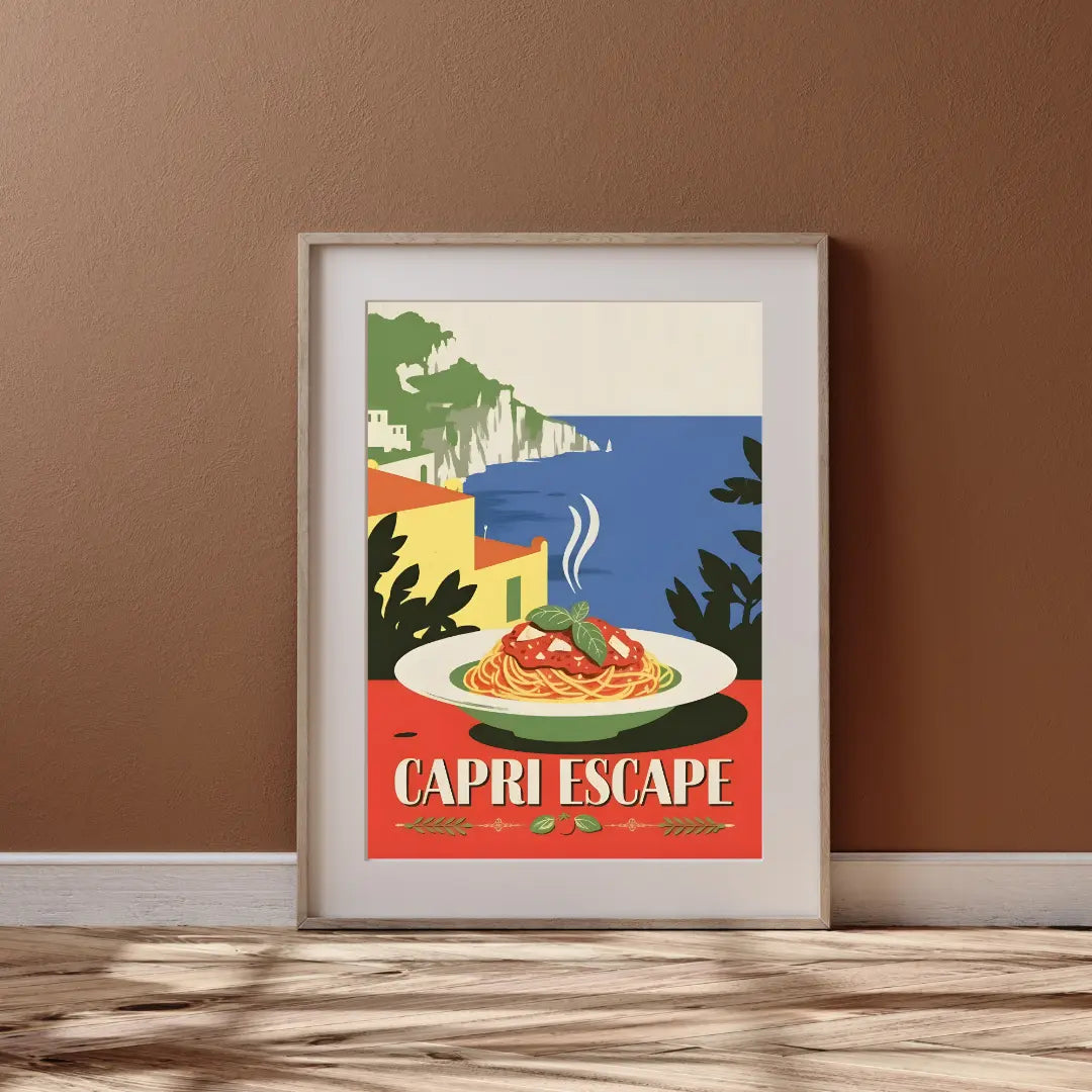ForWalls.eu - Plakat Capri Escape - Framed poster with vibrant minimalist illustration of a seafood dish and coastal cliffs titled "Capri Escape" in red tones. - jedzenie, plakat, podróże