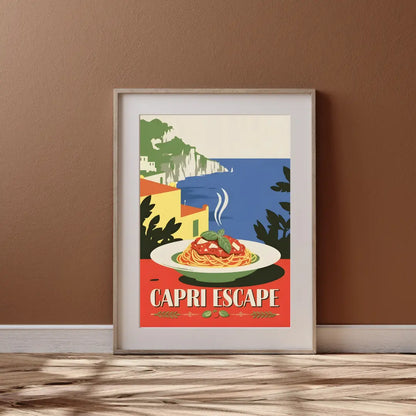 ForWalls.eu - Plakat Capri Escape - Framed poster with vibrant minimalist illustration of a seafood dish and coastal cliffs titled "Capri Escape" in red tones. - jedzenie, plakat, podróże