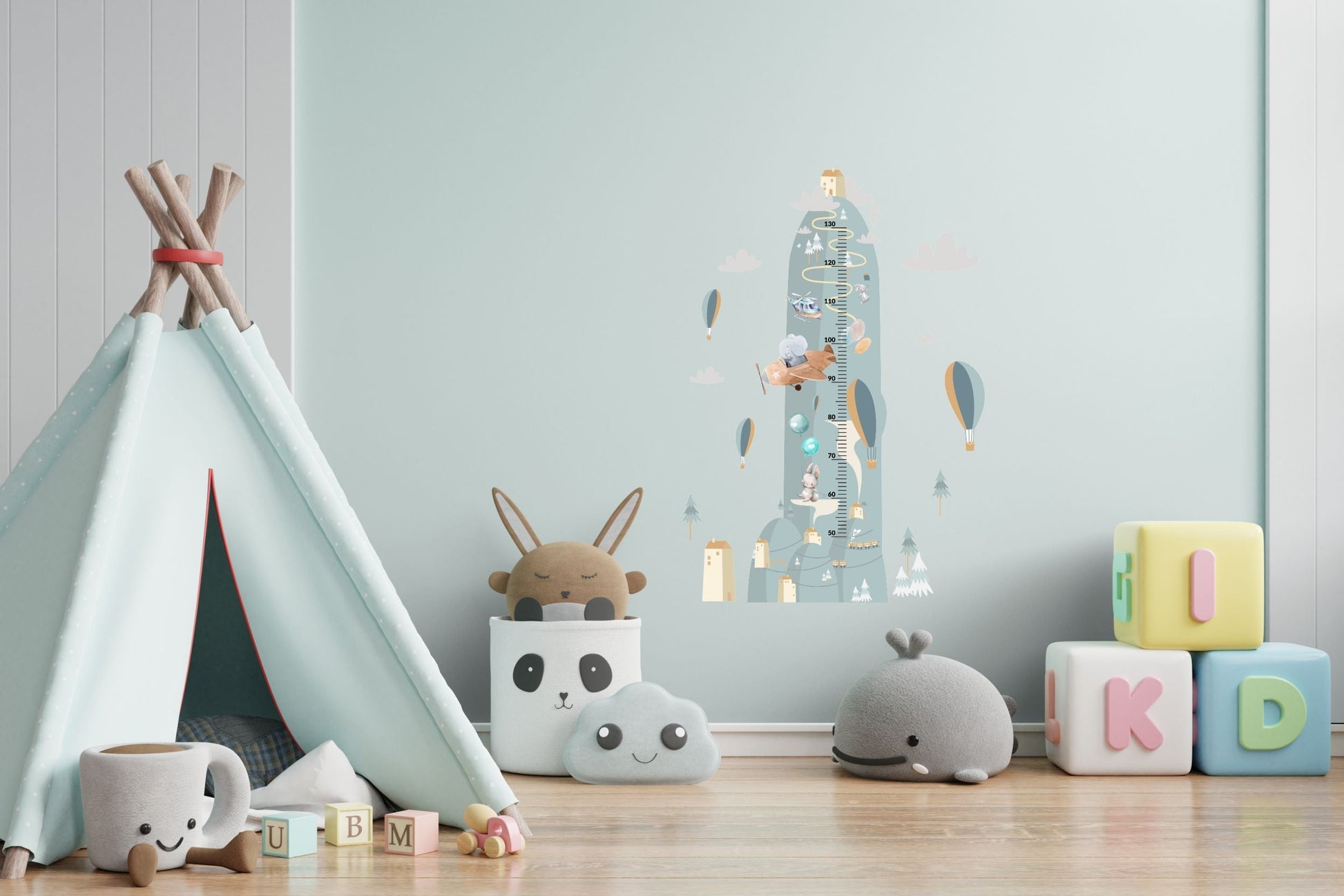 Miarka wzrostu dla dzieci Kolorowa naklejka ścienna góry lasy balony 45x120  ForWalls.eu