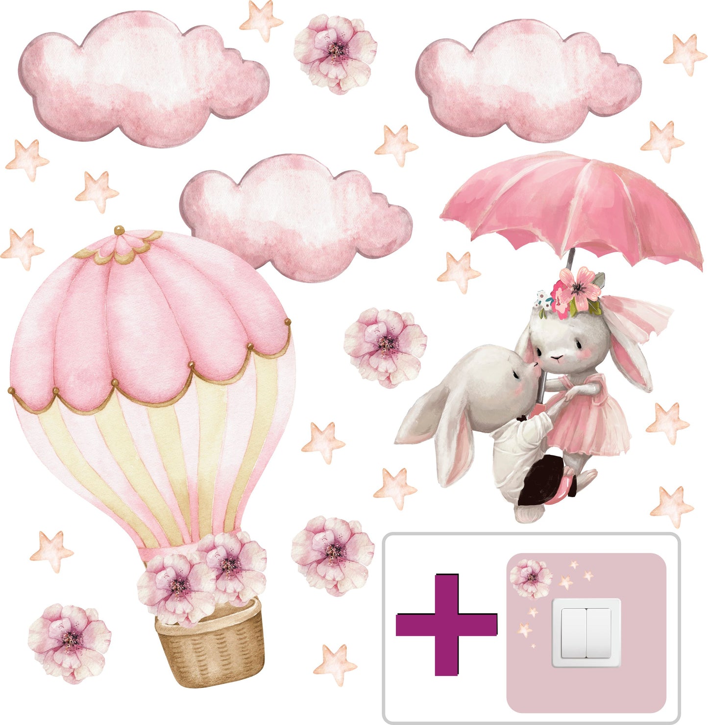 Naklejki na ścianę dla dzieci Różowe Króliczki Boho GRATIS Kontakt Włącznik