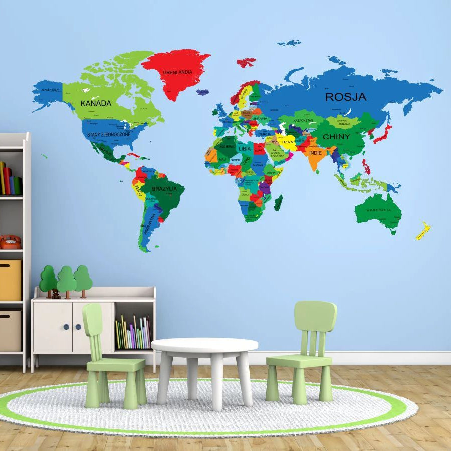 Naklejka edukacyjna Kolorowa Mapa Świata Nazwy Państw dla dzieci 100x200  ForWalls.eu