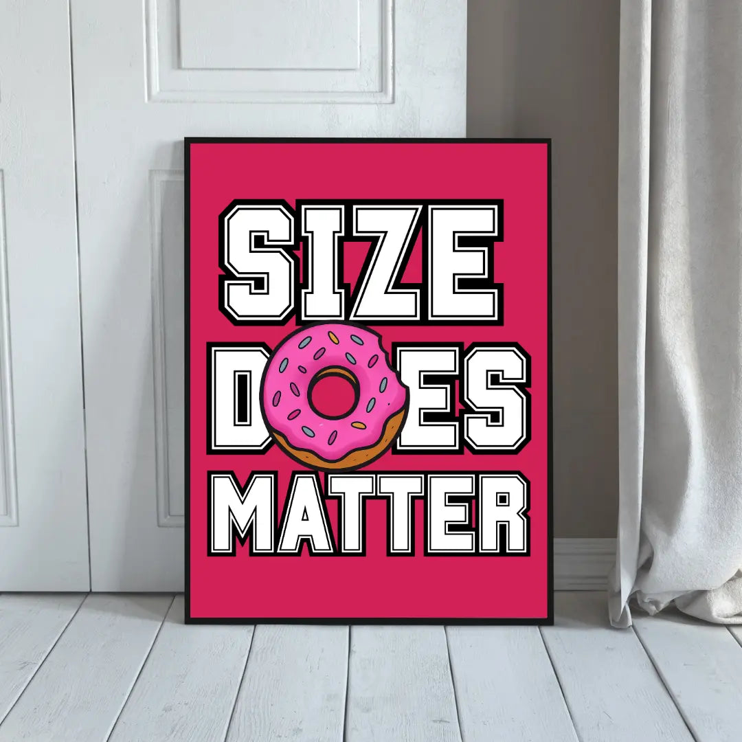 ForWalls.eu - Plakat Size Does Matter - Bold white typography "SIZE DOES MATTER" on bright pink background with pink frosted donut replacing letter O in DOES. - humor, plakat, typografia