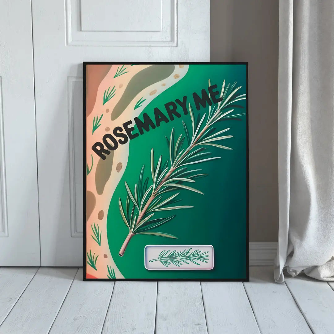 ForWalls.eu - Plakat Rosemary Me - Framed poster with "ROSEMARY ME" text, green rosemary sprig on dark green and pale peach abstract background. - botaniczny, humor, jedzenie, miłość, plakat