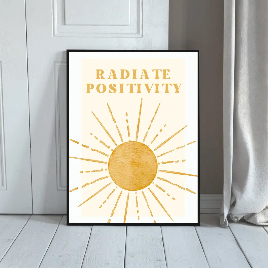 ForWalls.eu - Plakat Radiate Positivity - Minimalist poster with large ochre sun and radiating lines, "Radiate Positivity" text in matching bold uppercase font. - minimalistyczny, plakat, well-being