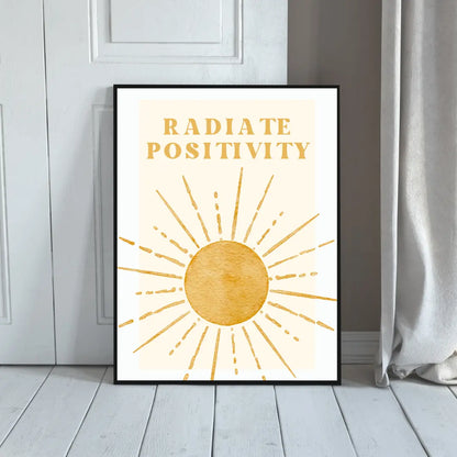 ForWalls.eu - Plakat Radiate Positivity - Minimalist poster with large ochre sun and radiating lines, "Radiate Positivity" text in matching bold uppercase font. - minimalistyczny, plakat, well-being