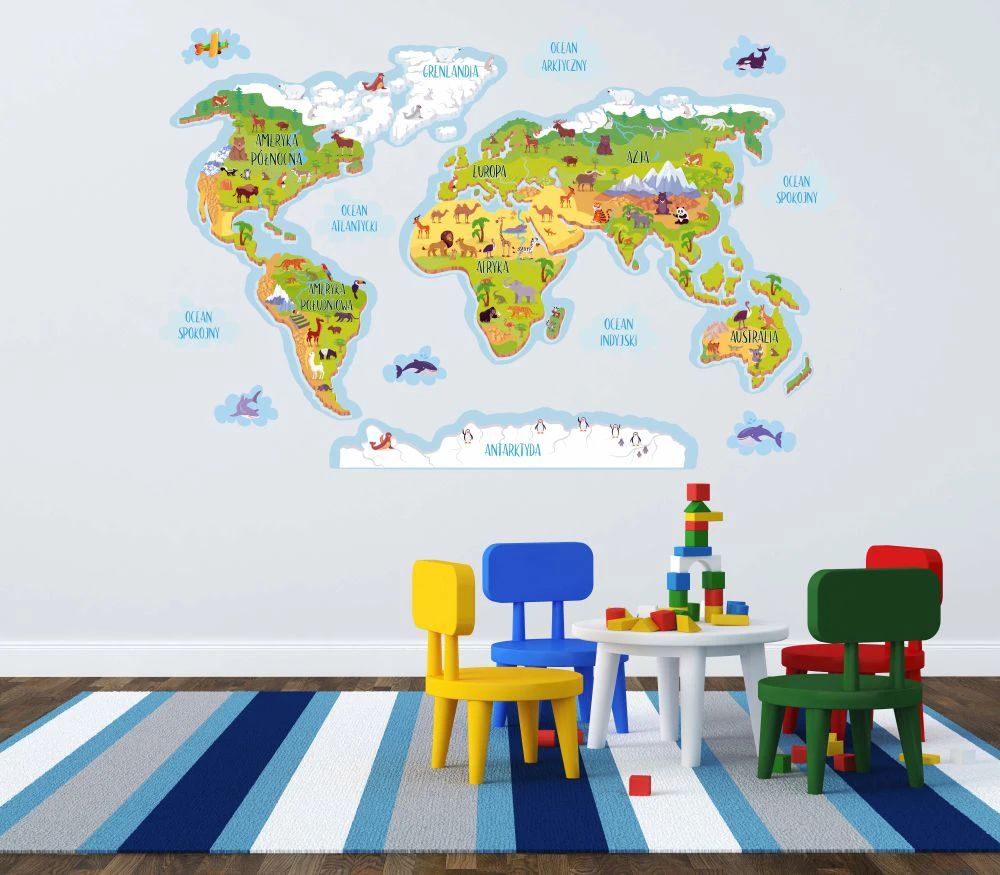 Edukacyjna Naklejka dla dzieci Mapa Świata Kontynenty Oceany Nauka  ForWalls.eu