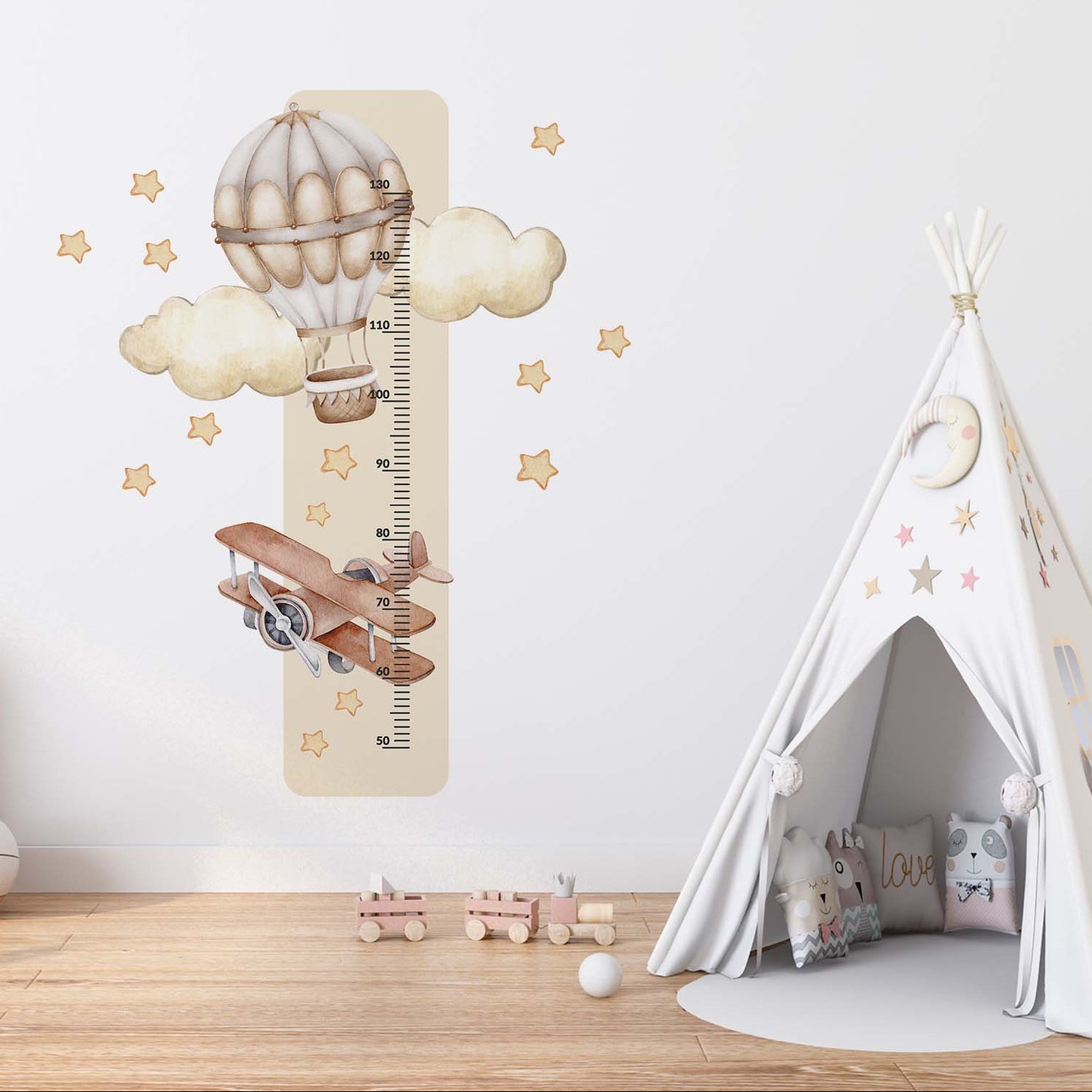 Miarka wzrostu dla dzieci samolot balon Naklejka na ścianę beżowa 45x120  ForWalls.eu