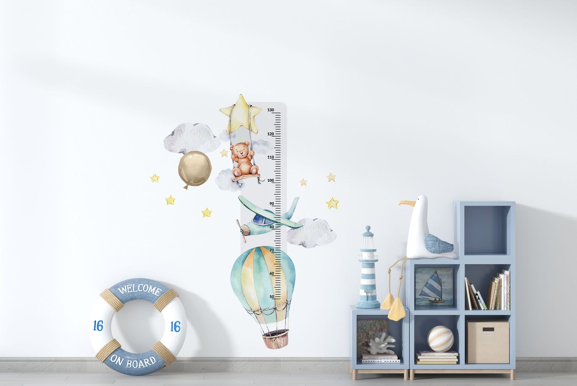 Miarka wzrostu dla dzieci miś samolot balon Naklejka na ścianę 45x120  ForWalls.eu