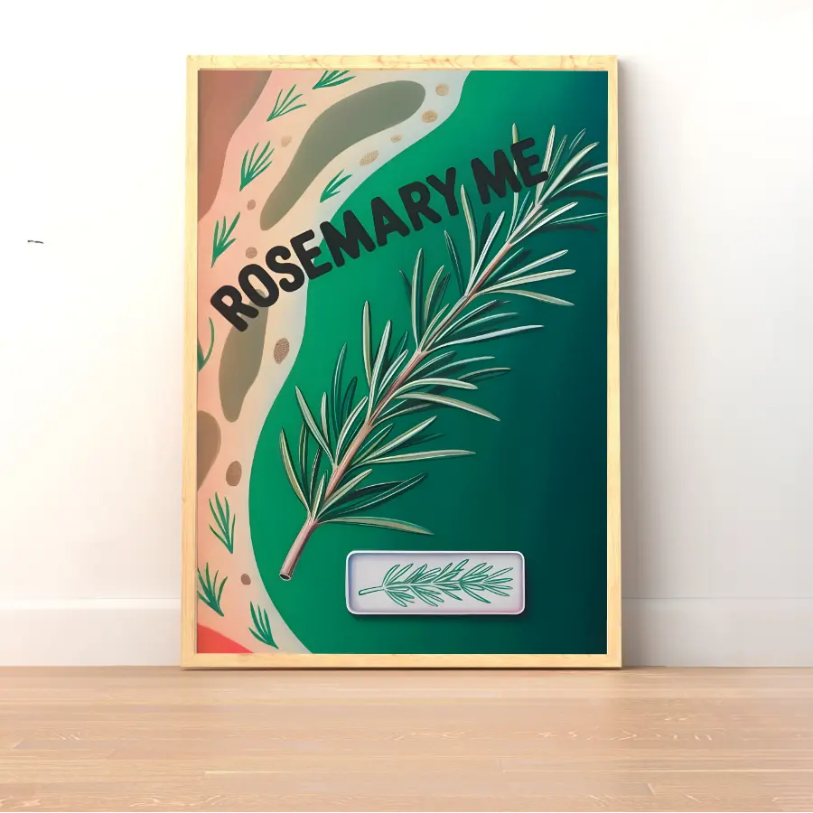 ForWalls.eu - Plakat Rosemary Me - Minimalist poster with a large rosemary sprig over layered green and peach shapes, black "ROSEMARY ME" text. - botaniczny, humor, jedzenie, miłość, plakat