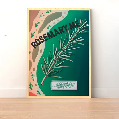 ForWalls.eu - Plakat Rosemary Me - Minimalist poster with a large rosemary sprig over layered green and peach shapes, black "ROSEMARY ME" text. - botaniczny, humor, jedzenie, miłość, plakat