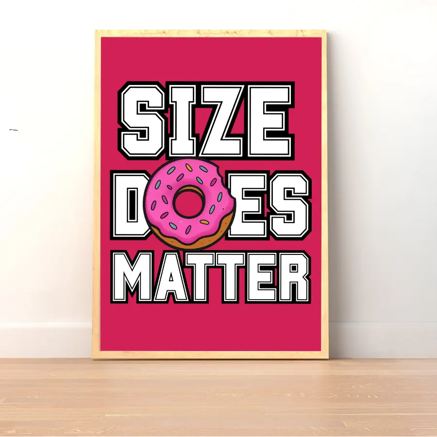 ForWalls.eu - Plakat Size Does Matter - Bold white typography on red background with a pink sprinkled donut replacing the letter O in "DOES". - humor, plakat, typografia