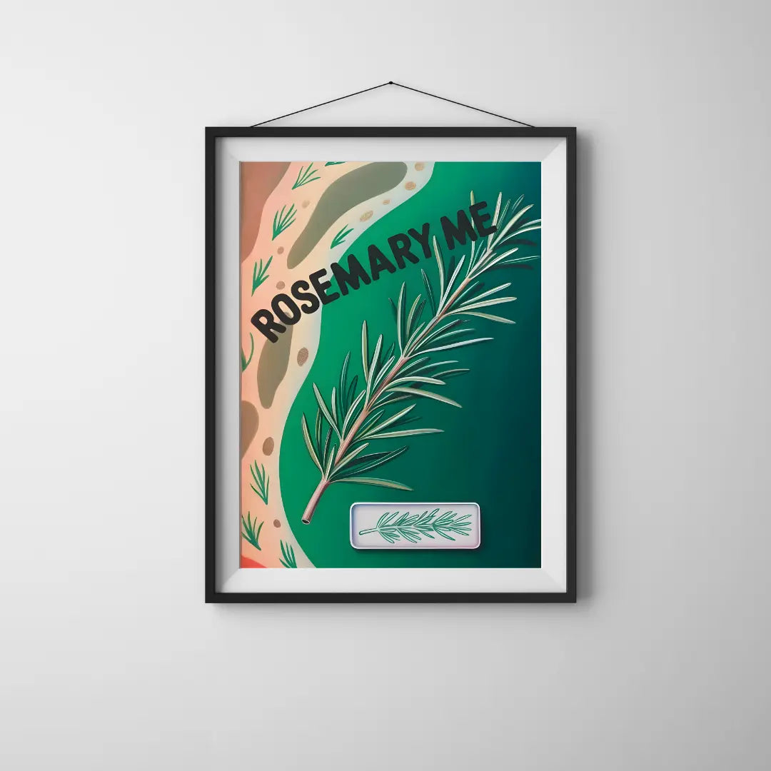 ForWalls.eu - Plakat Rosemary Me - Minimalist botanical poster with a green rosemary sprig on a dark teal and coral abstract background, black text "ROSEMARY. - botaniczny, humor, jedzenie, miłość, plakat
