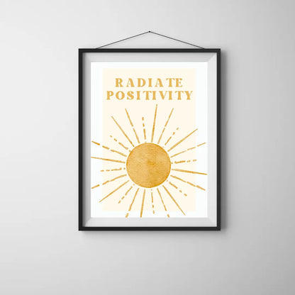 ForWalls.eu - Plakat Radiate Positivity - Minimalist poster with mustard yellow sun and rays, text "Radiate Positivity" in clean serif font on white background. - minimalistyczny, plakat, well-being