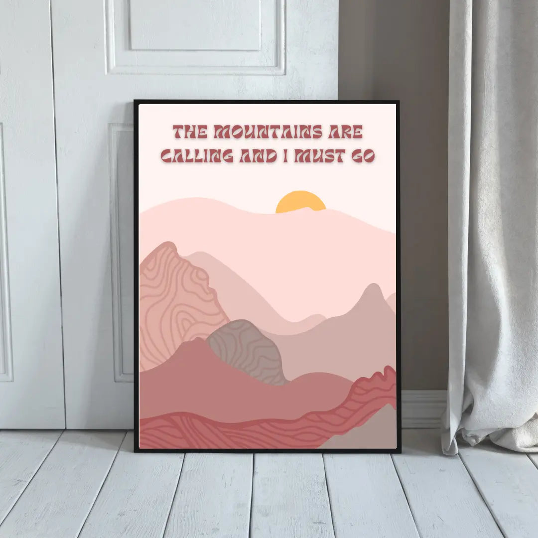 ForWalls.eu - Plakat Mountain Calling - Minimalist mountain landscape poster with layered pink and red hills, orange sun, and text "The mountains are calling and I. - góry, minimalistyczny, natura, plakat