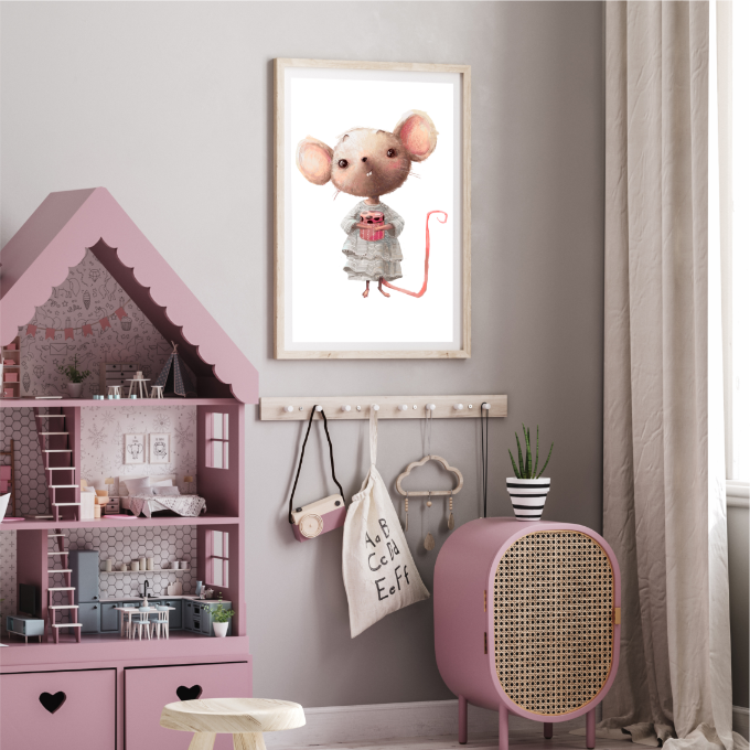 Plakat Myszka Trzymająca Prezent 30x40 cm  ForWalls.eu
