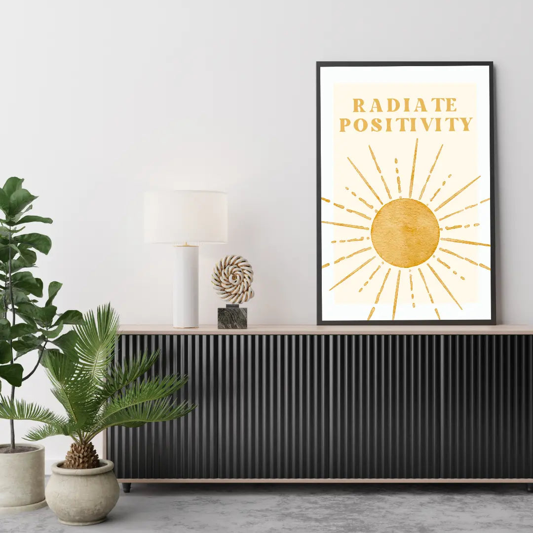 ForWalls.eu - Plakat Radiate Positivity - Minimalist poster with golden yellow sun rays and circle, topped by uppercase "RADIATE POSITIVITY" text in matching color. - minimalistyczny, plakat, well-being