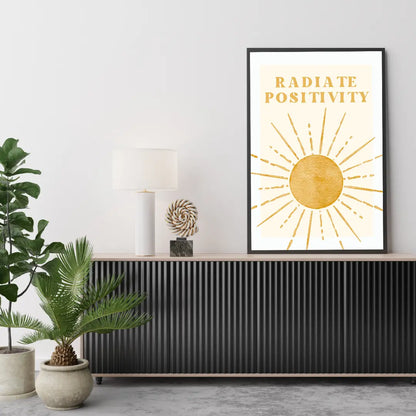 ForWalls.eu - Plakat Radiate Positivity - Minimalist poster with golden yellow sun rays and circle, topped by uppercase "RADIATE POSITIVITY" text in matching color. - minimalistyczny, plakat, well-being