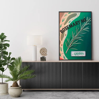 ForWalls.eu - Plakat Rosemary Me - Minimalist botanical poster with green rosemary sprig on teal and peach abstract background, black "ROSEMARY ME" text. - botaniczny, humor, jedzenie, miłość, plakat