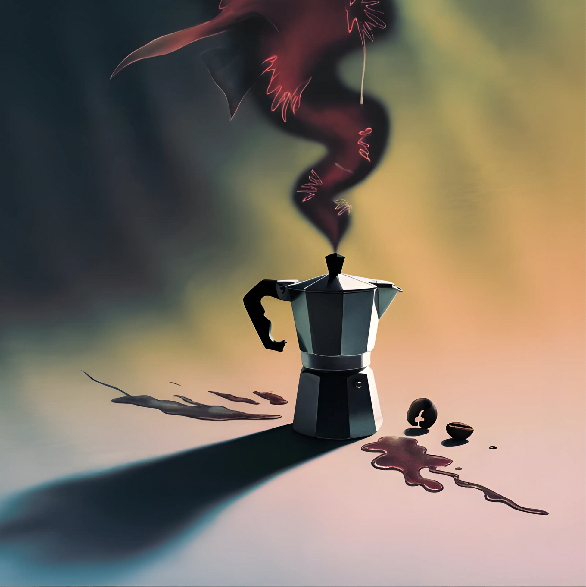 ForWalls.eu - Plakat Bad Morning - Minimalist poster with a black stovetop coffee maker emitting dark smoke forming a distorted bird silhouette, warm gradient. - plakat, surrelizm