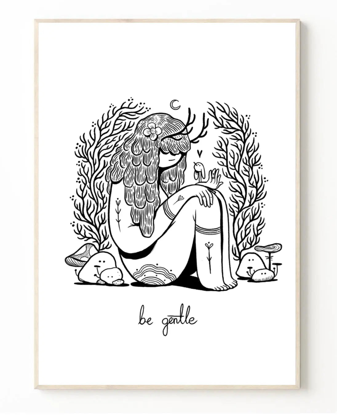 ForWalls.eu - Plakat Be Gentle - Black and white minimalist illustration of a seated woman with long hair, surrounded by plants and rabbits, text "be gentle" . - Luiza Kwiatkowska, plakat, print