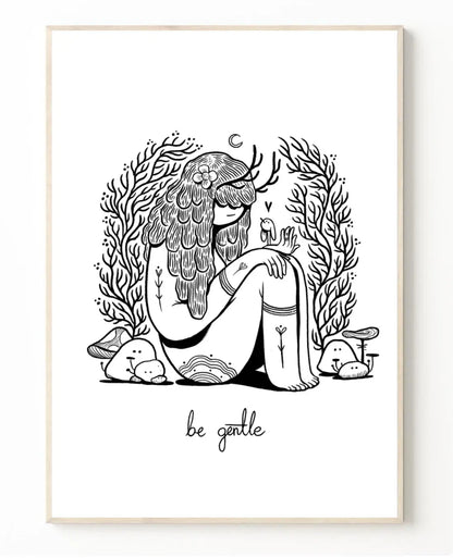 ForWalls.eu - Plakat Be Gentle - Black and white minimalist illustration of a seated woman with long hair, surrounded by plants and rabbits, text "be gentle" . - Luiza Kwiatkowska, plakat, print
