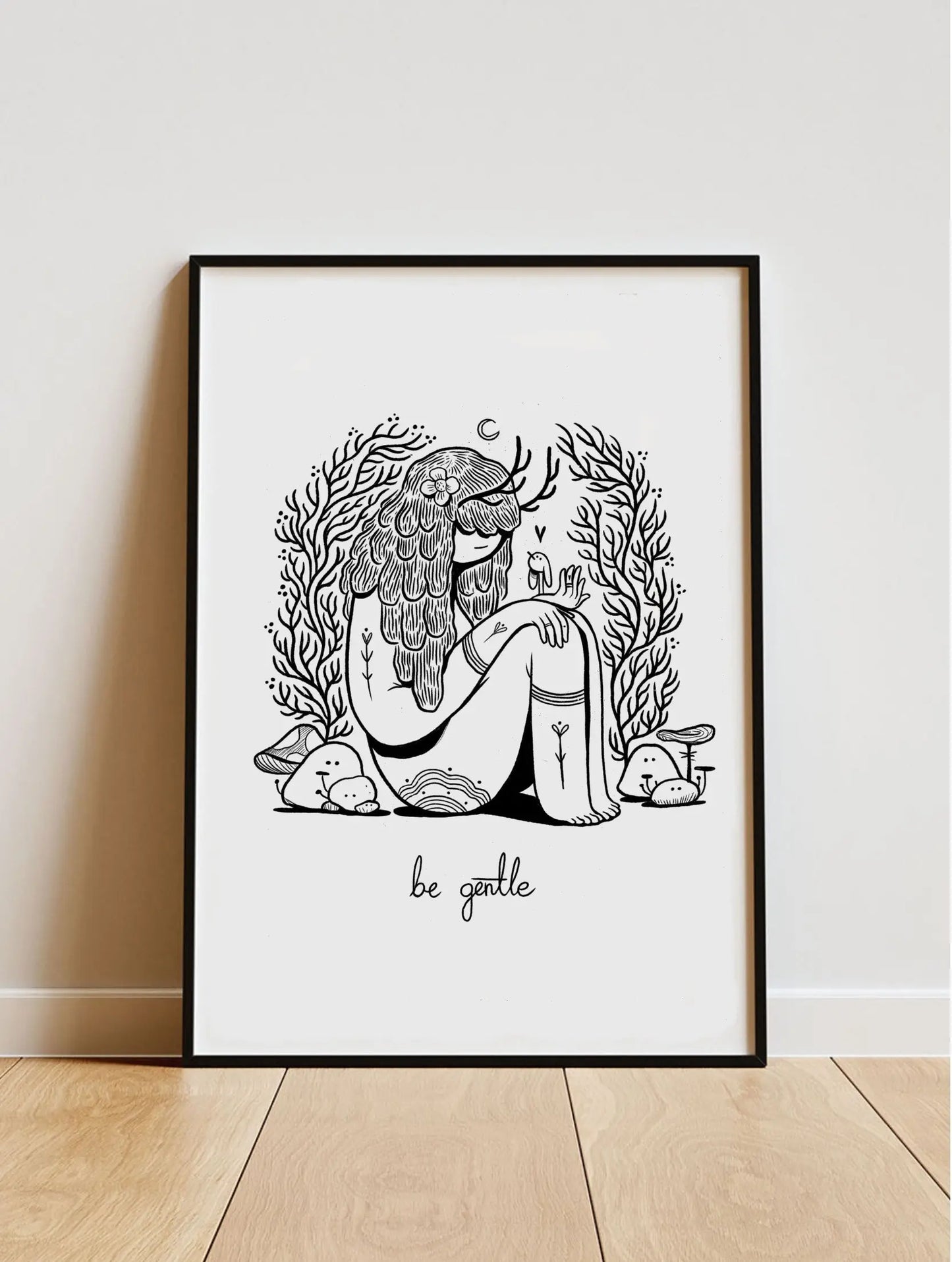 ForWalls.eu - Plakat Be Gentle - Minimalist black and white illustration of a person hugging a bear, surrounded by plants, with "be gentle" text below. - Luiza Kwiatkowska, plakat, print
