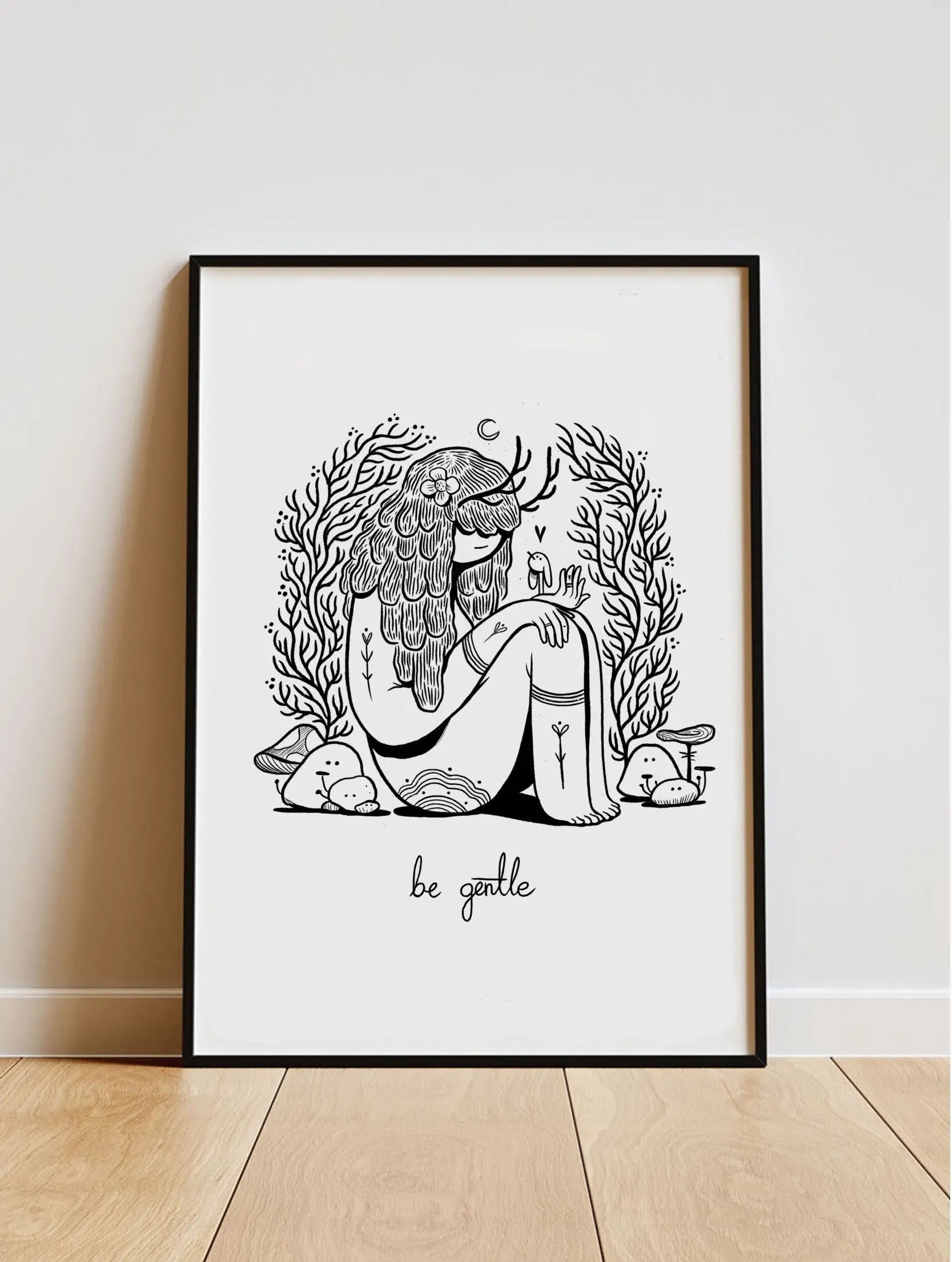 ForWalls.eu - Plakat Be Gentle - Minimalist black and white illustration of a person hugging a bear, surrounded by plants, with "be gentle" text below. - Luiza Kwiatkowska, plakat, print