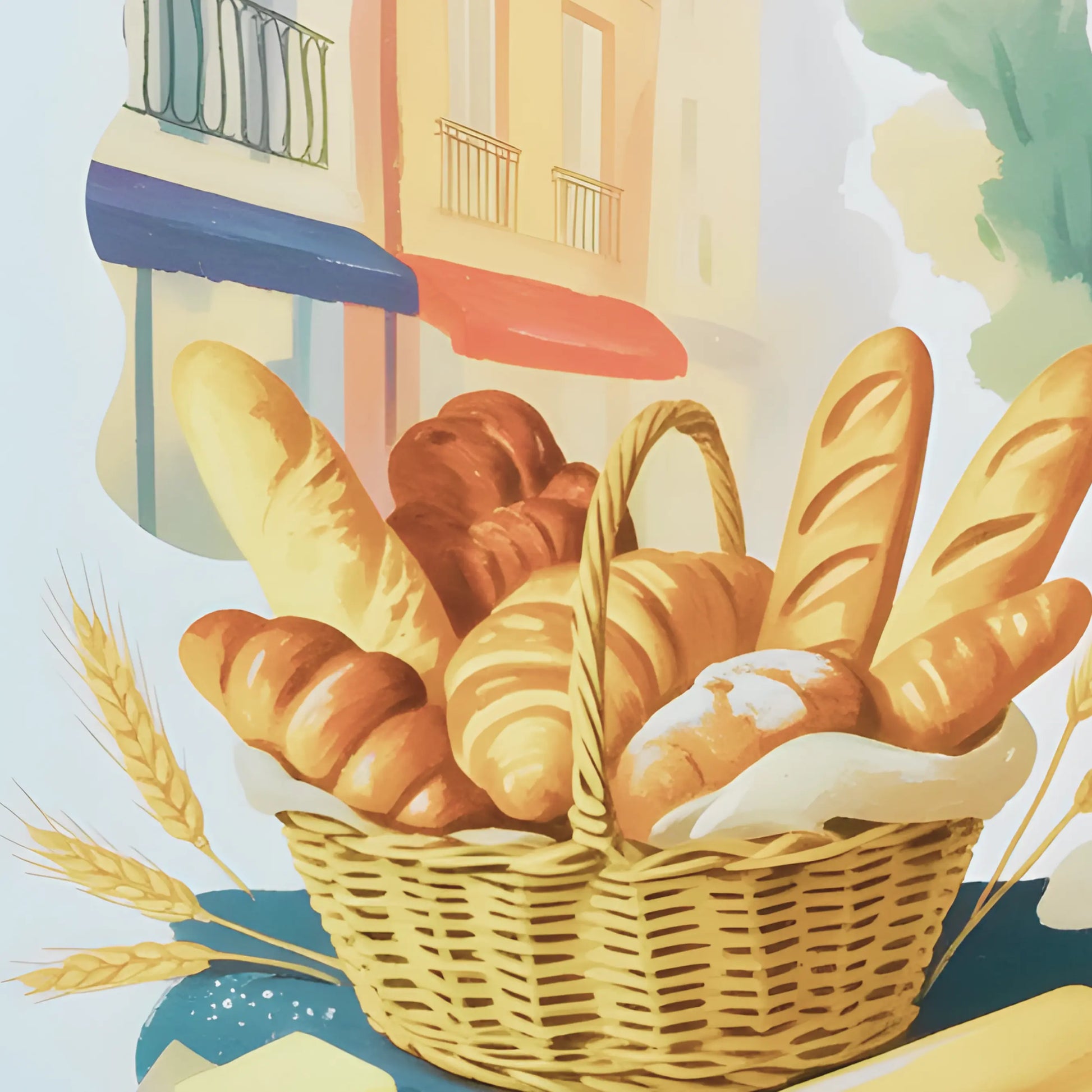 ForWalls.eu - Plakat French Bakery - Wicker basket filled with baguettes, croissants, and rolls, with butter, rolling pin, and wheat stalks nearby. - jedzenie, plakat, podróże