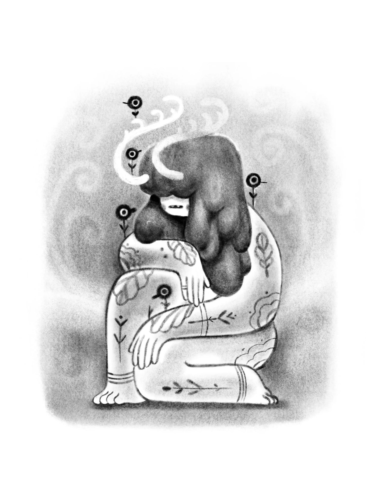 ForWalls.eu - Plakat Gaja - Minimalist black and white illustration of a seated figure with floral patterns and abstract smoke shapes. - classic, Luiza Kwiatkowska, plakat, print