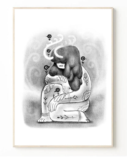 ForWalls.eu - Plakat Gaja - Minimalist black and white drawing of a seated woman with long hair, intricate body tattoos, and smoke swirling around her. - classic, Luiza Kwiatkowska, plakat, print