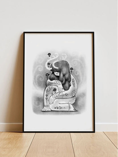 ForWalls.eu - Plakat Gaja - Minimalist black and white print of a stylized figure with abstract shapes and organic lines, framed and leaning on a wooden . - classic, Luiza Kwiatkowska, plakat, print