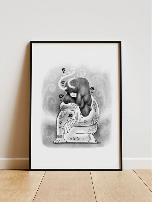 ForWalls.eu - Plakat Gaja - Minimalist black and white print of a stylized figure with abstract shapes and organic lines, framed and leaning on a wooden . - classic, Luiza Kwiatkowska, plakat, print