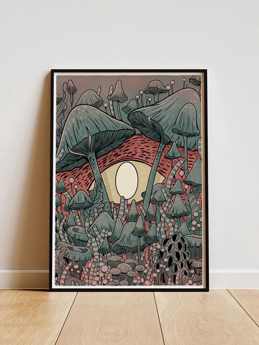 ForWalls.eu - Plakat Sekret - Minimalist poster with two large flamingos, oversized moon, and stylized flora in muted green and coral tones. - Luiza Kwiatkowska, plakat, print