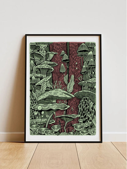 ForWalls.eu - Plakat Grzyby - Minimalist illustration of assorted green mushrooms with detailed textures on a muted red background in black frame. - Luiza Kwiatkowska, plakat, print