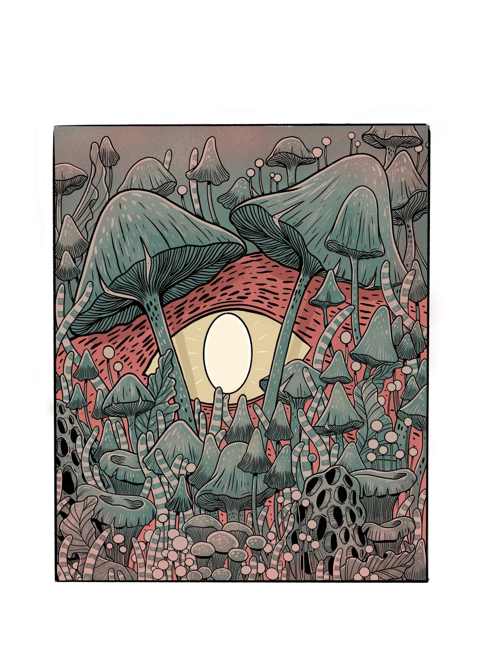 ForWalls.eu - Plakat Sekret - Surreal illustration of a glowing light bulb surrounded by large mushrooms and twisted plants in muted red and green tones. - Luiza Kwiatkowska, plakat, print