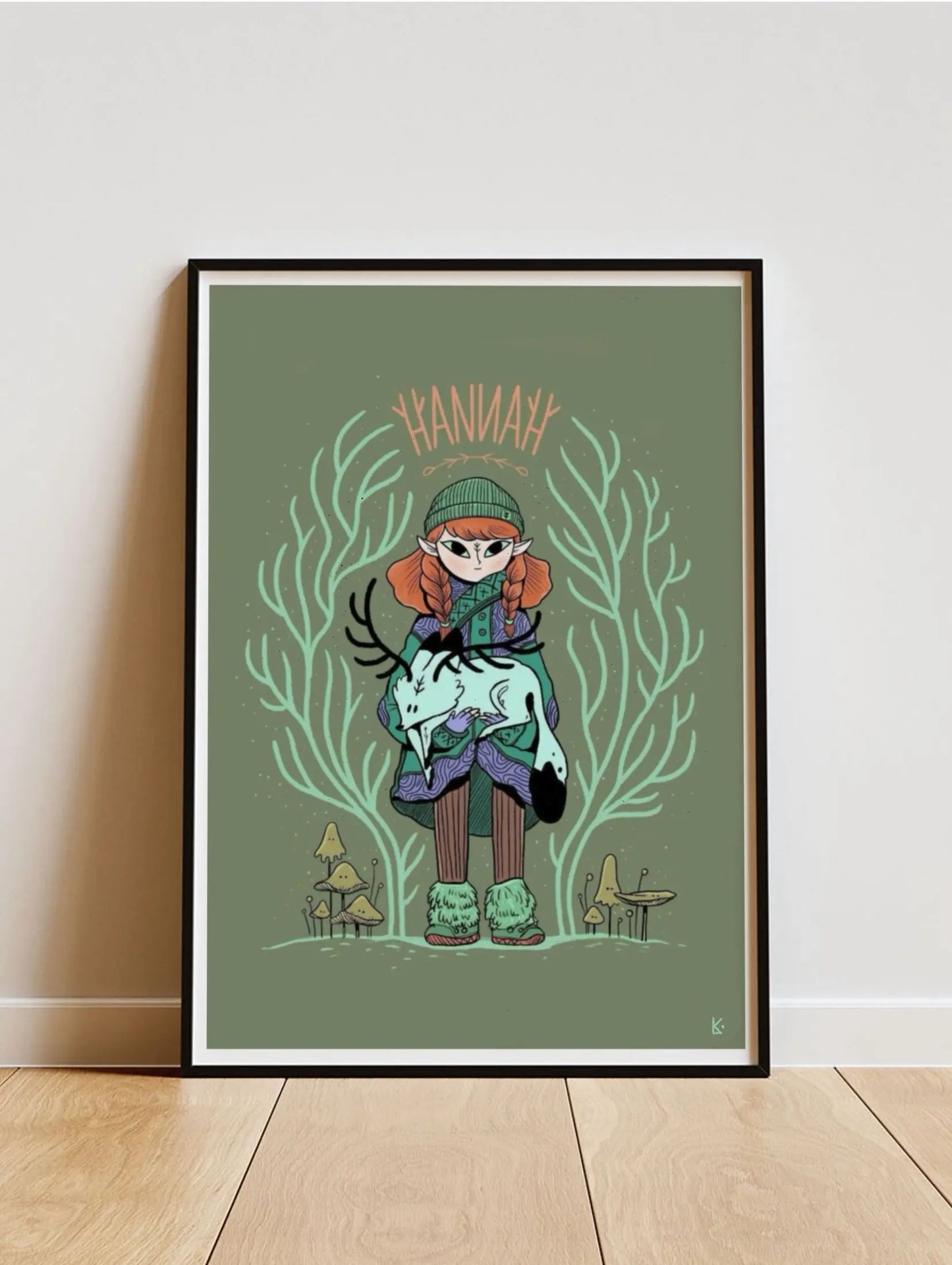 ForWalls.eu - Plakat Hannah - Framed poster with illustration of a woman in green coat and boots, surrounded by abstract seaweed shapes on olive background. - export, Luiza Kwiatkowska, plakat, print
