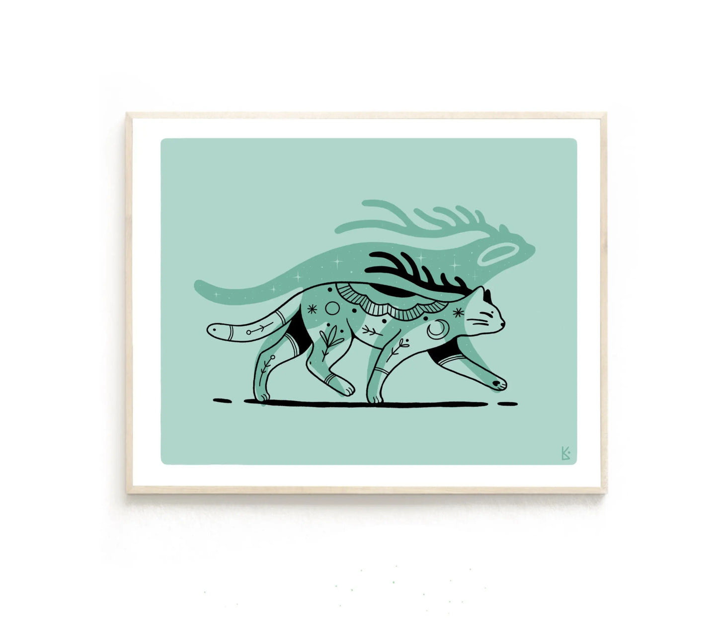 ForWalls.eu - Plakat Kot - Minimalist cat illustration with black and teal patterns on light turquoise background in white frame. - Luiza Kwiatkowska, plakat, print, Soul Animals