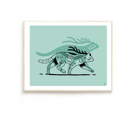 ForWalls.eu - Plakat Kot - Minimalist cat illustration with black and teal patterns on light turquoise background in white frame. - Luiza Kwiatkowska, plakat, print, Soul Animals