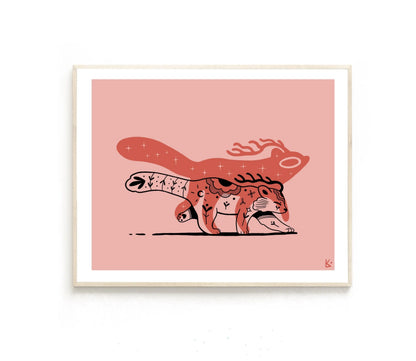 ForWalls.eu - Plakat Panda - Minimalist illustration of a red and black panda with abstract patterns on a muted pink background, framed in white. - Luiza Kwiatkowska, plakat, print, Soul Animals