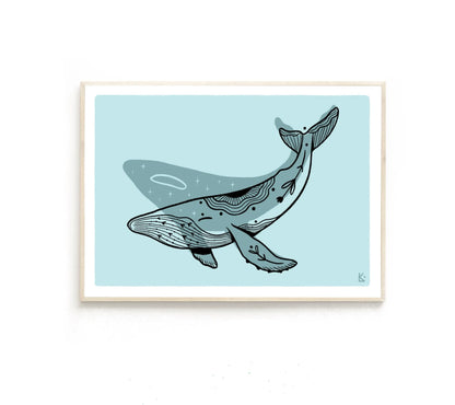 ForWalls.eu - Plakat Wieloryb - Minimalist blue poster featuring a detailed black and gray whale illustration on a light blue background. - Luiza Kwiatkowska, plakat, print, Soul Animals