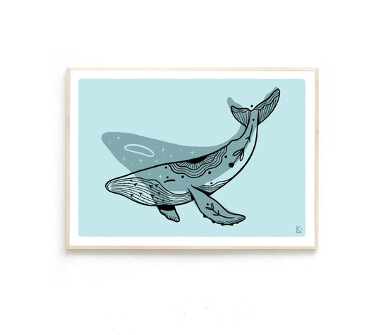 ForWalls.eu - Plakat Wieloryb - Minimalist blue poster featuring a detailed black and gray whale illustration on a light blue background. - Luiza Kwiatkowska, plakat, print, Soul Animals