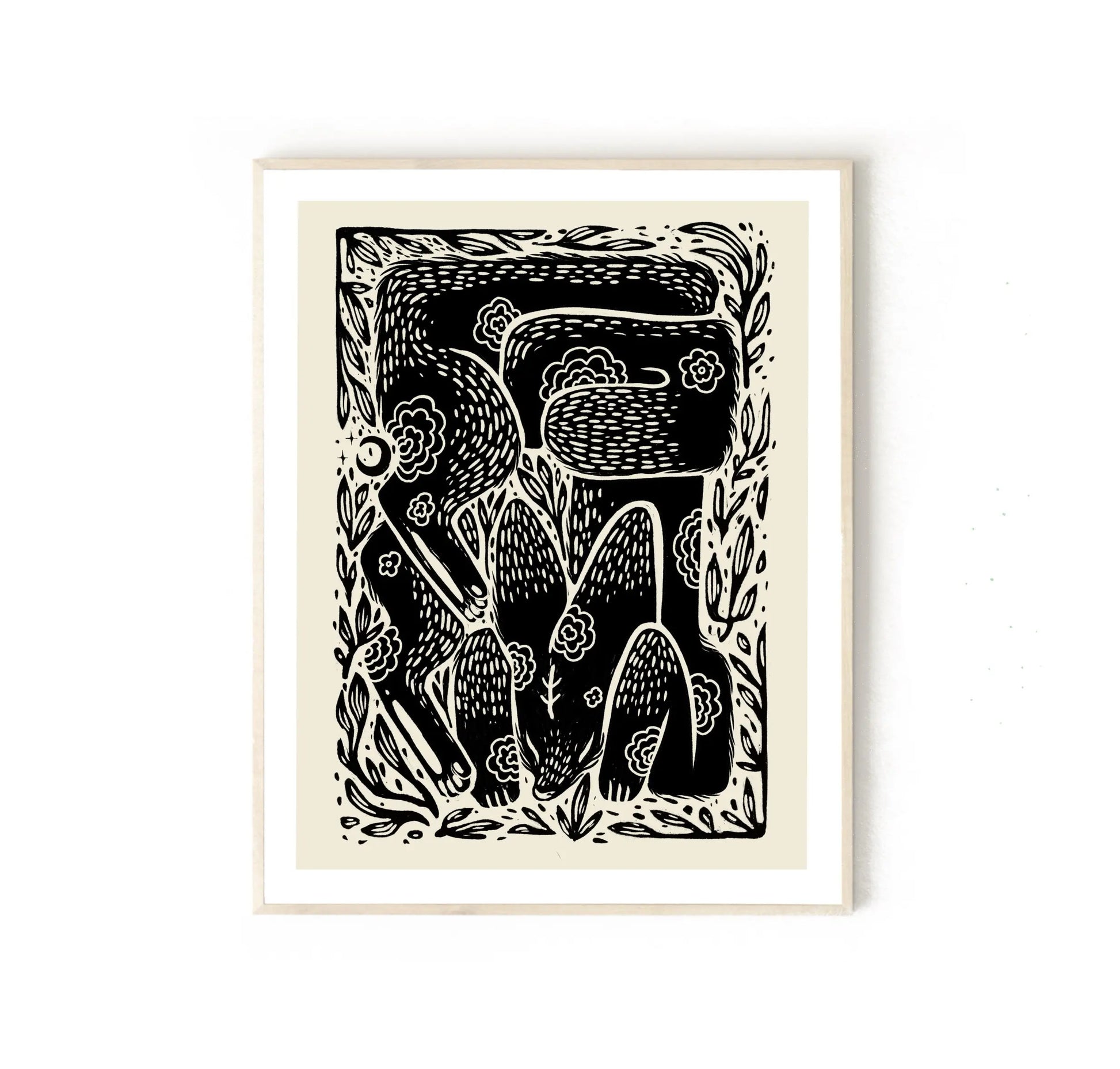 ForWalls.eu - Plakat Lisek - Minimalist black and white linocut-style print of a fox among stylized plants in a white frame. - Luiza Kwiatkowska, plakat, print
