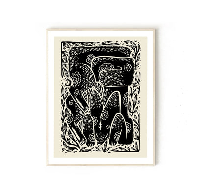 ForWalls.eu - Plakat Lisek - Minimalist black and white linocut-style print of a fox among stylized plants in a white frame. - Luiza Kwiatkowska, plakat, print