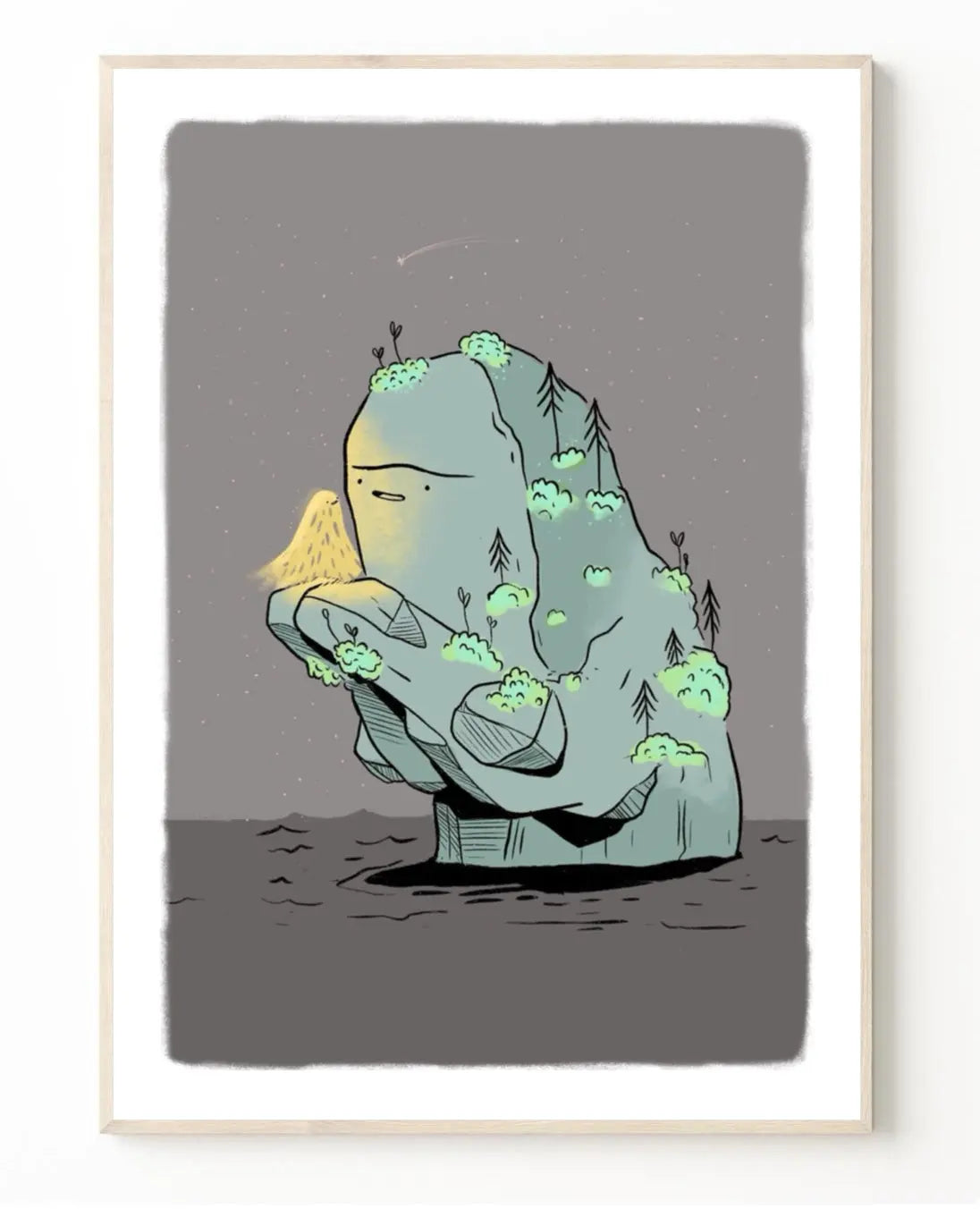 ForWalls.eu - Plakat Miłość - Minimalist illustration of a gray rock sculpture with glowing green and yellow plants on a muted gray background. - Luiza Kwiatkowska, plakat, print