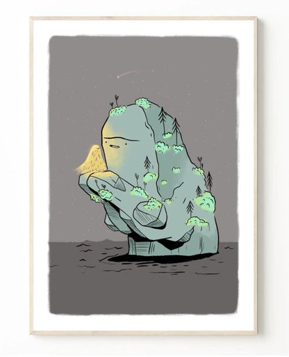 ForWalls.eu - Plakat Miłość - Minimalist illustration of a gray rock sculpture with glowing green and yellow plants on a muted gray background. - Luiza Kwiatkowska, plakat, print